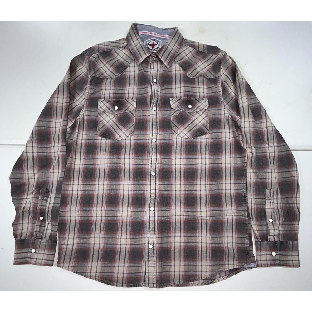 Flag & Anthem Flannel Shirt Mens M Brown Plaid Long Sleeve Western Snap